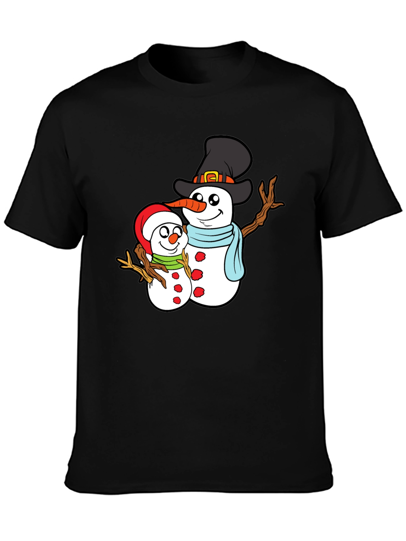 Camiseta Negra con Diseño de Muñecos de Nieve Navideños