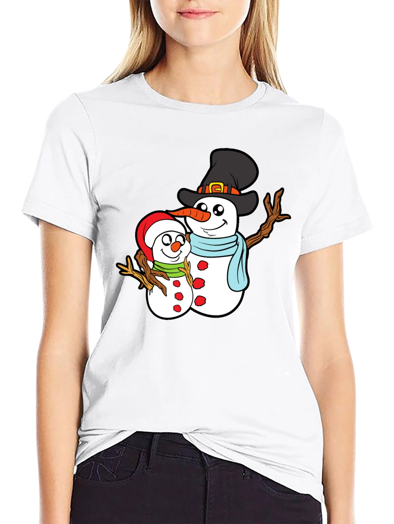Camiseta Negra con Diseño de Muñecos de Nieve Navideños