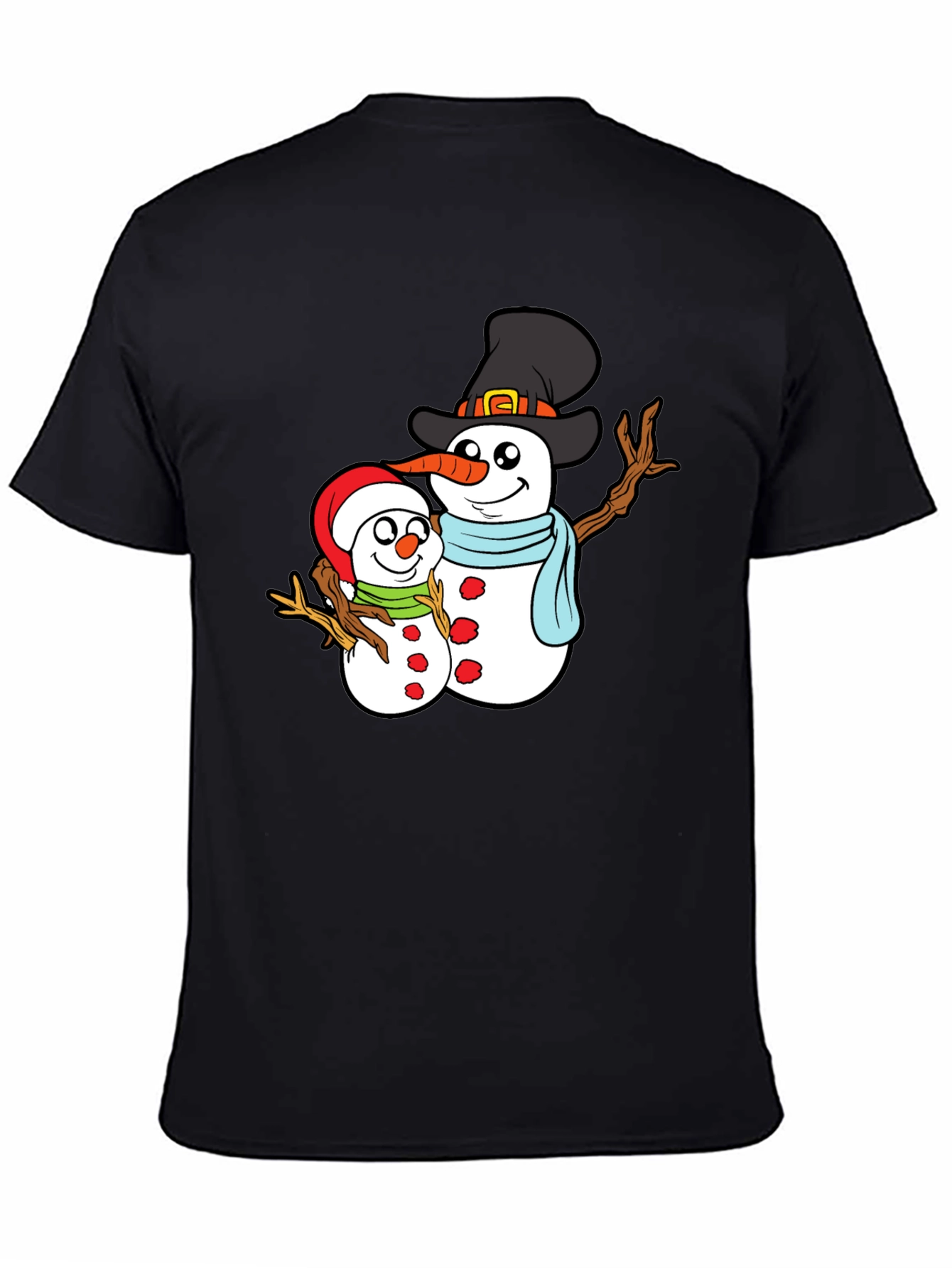 Camiseta Negra con Diseño de Muñecos de Nieve Navideños