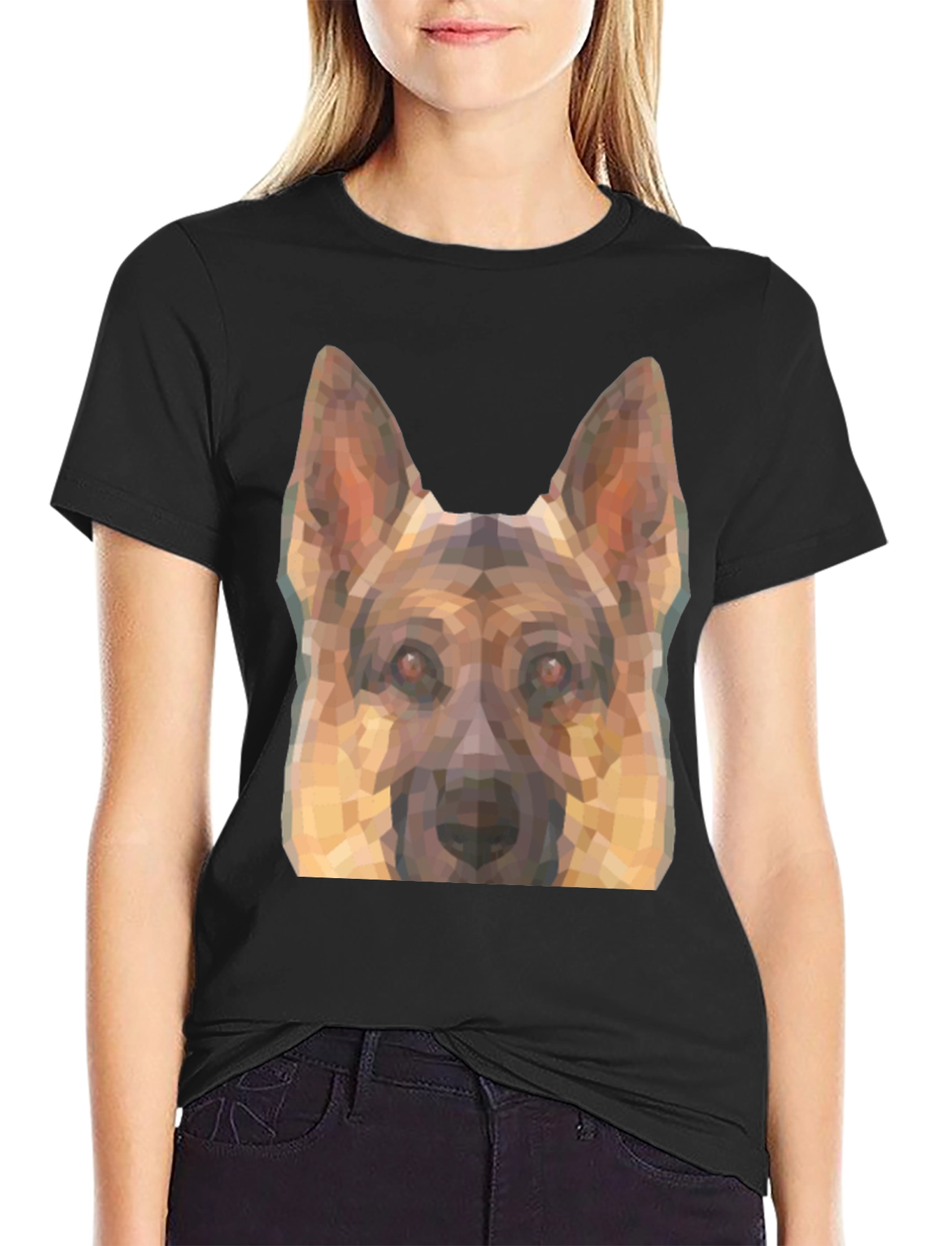 Camiseta Negra con Diseño Geométrico de Pastor Alemán