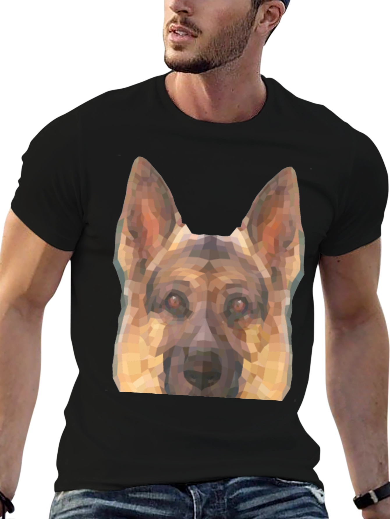 Camiseta Negra con Diseño Geométrico de Pastor Alemán