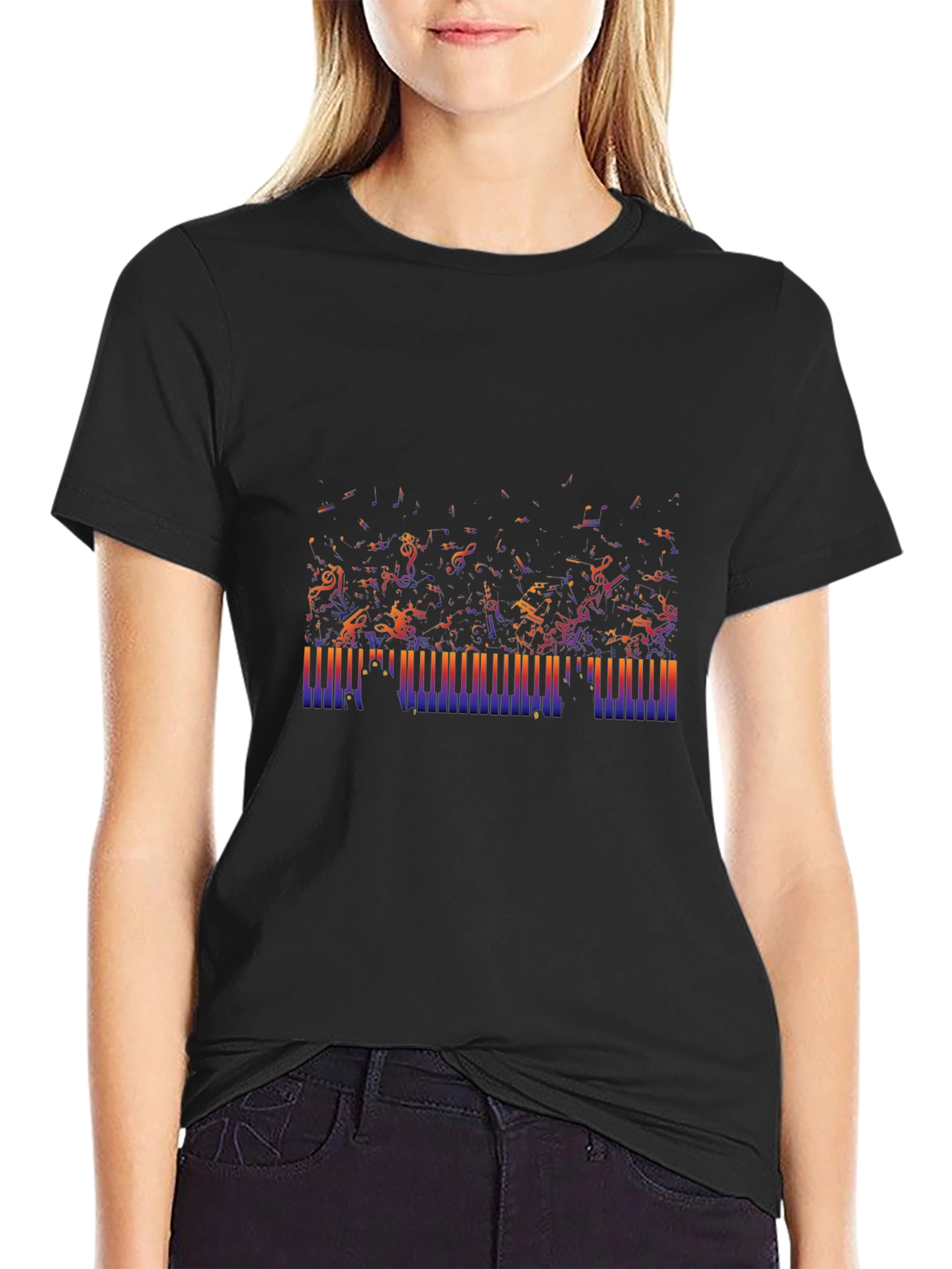 Camiseta Negra con Diseño de Teclas de Piano Musical