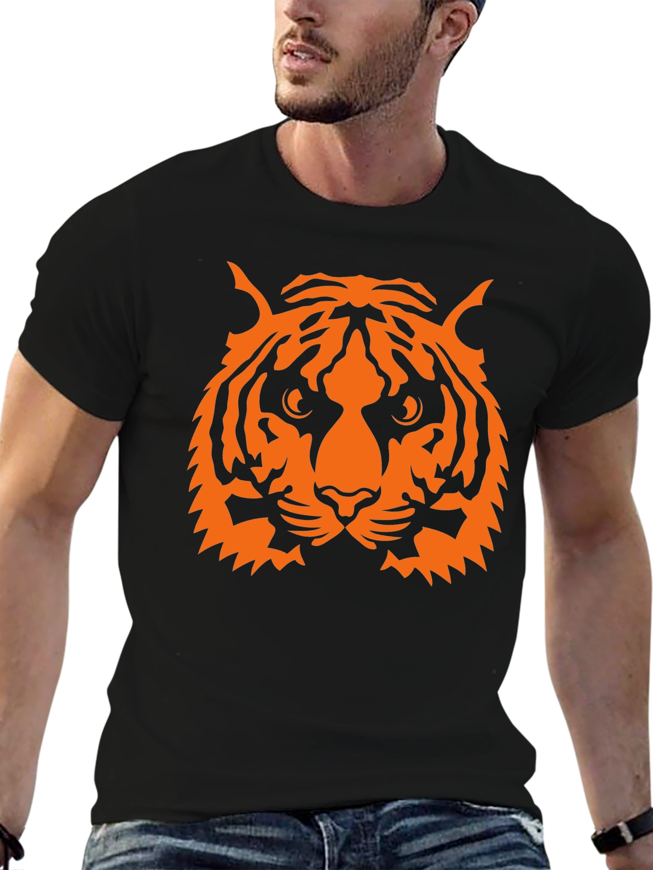 Camiseta Negra con Estampado de Tigre Naranja