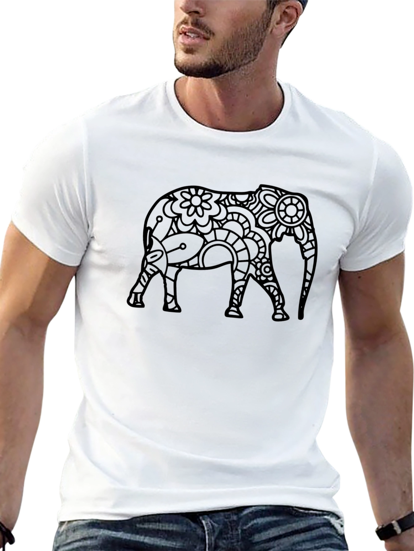 Camiseta Negra Hombre - Diseño Elefante Floral
