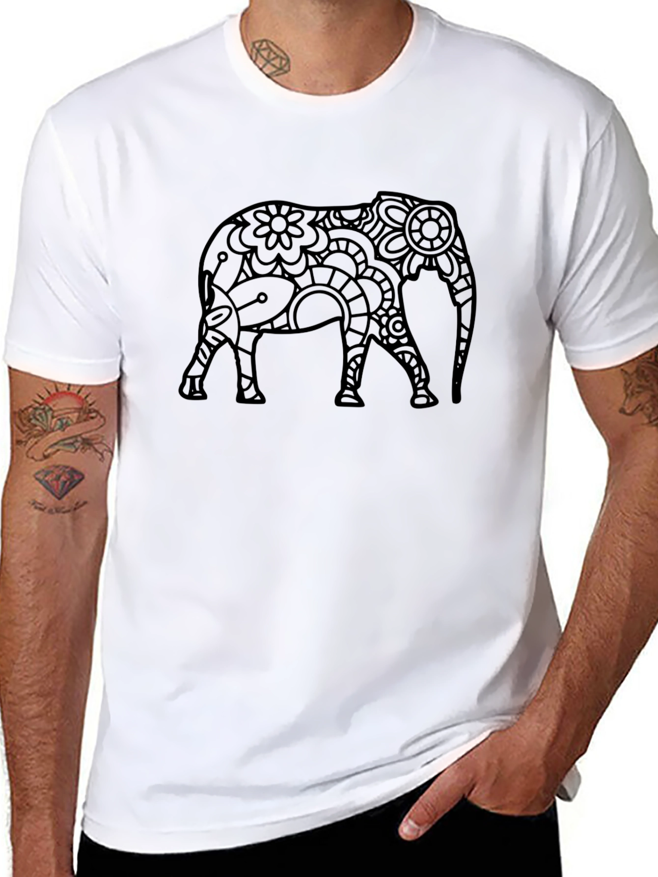Camiseta Negra Hombre - Diseño Elefante Floral