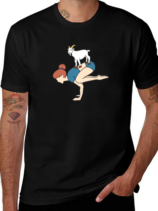 Camiseta Negra con Diseño Yoga y Cabra Divertida