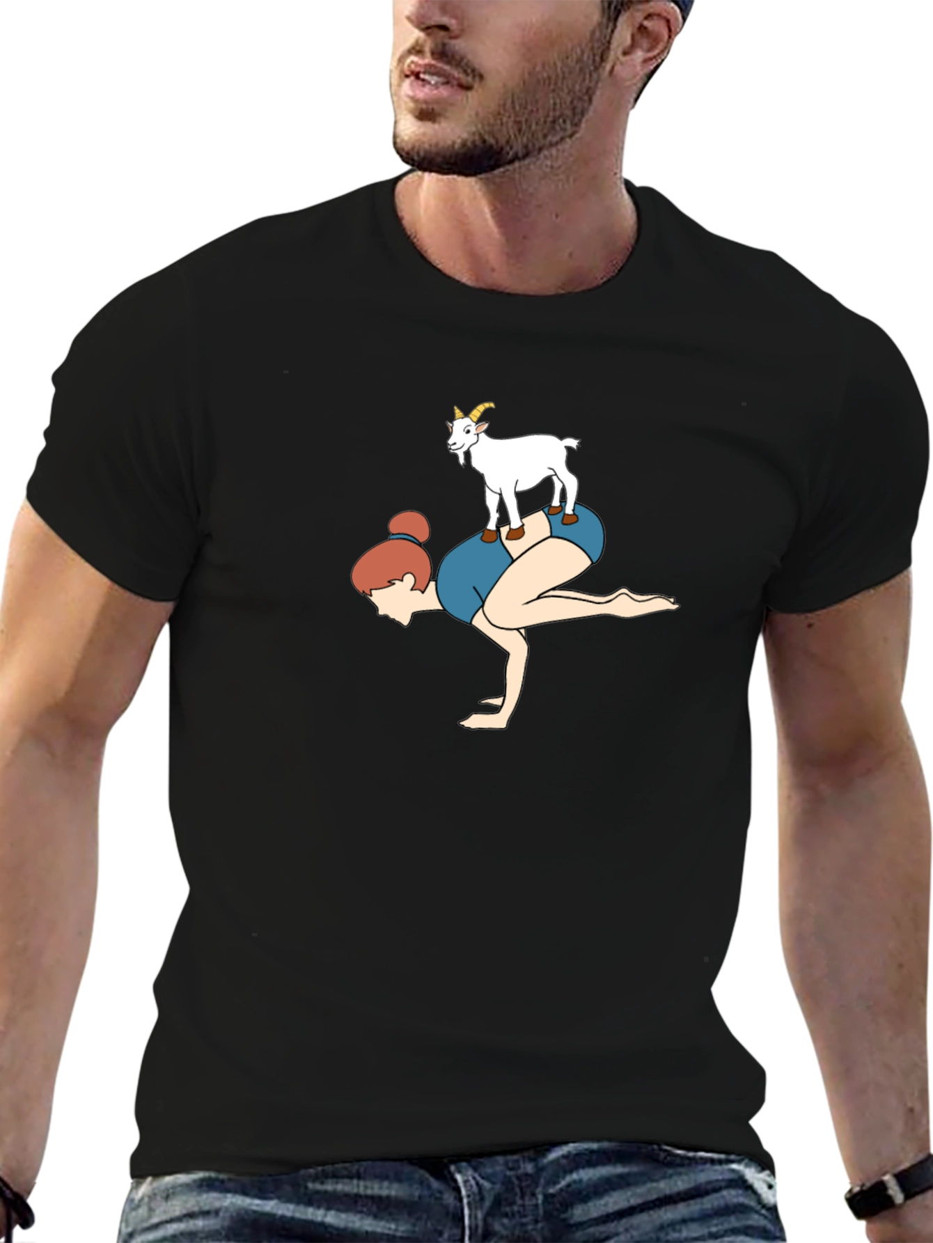 Camiseta Negra con Diseño Yoga y Cabra Divertida