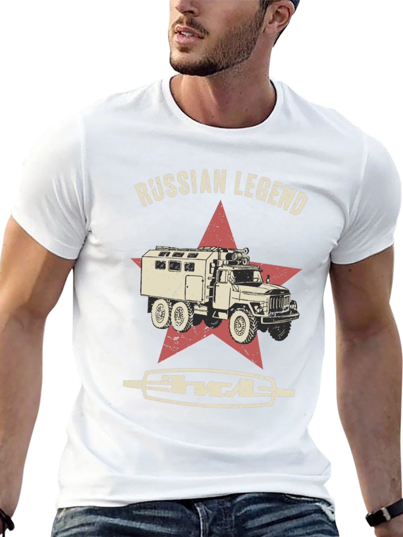 Camiseta Negra Leyenda Rusa con Diseño de Camión Militar