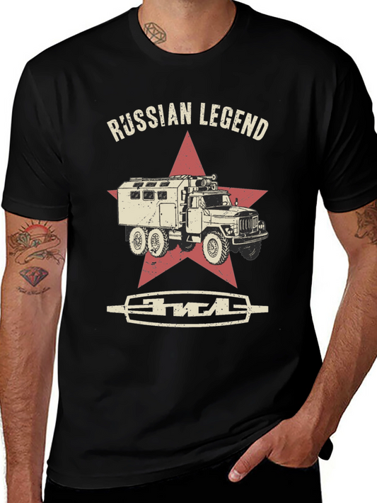 Camiseta Negra Leyenda Rusa con Diseño de Camión Militar