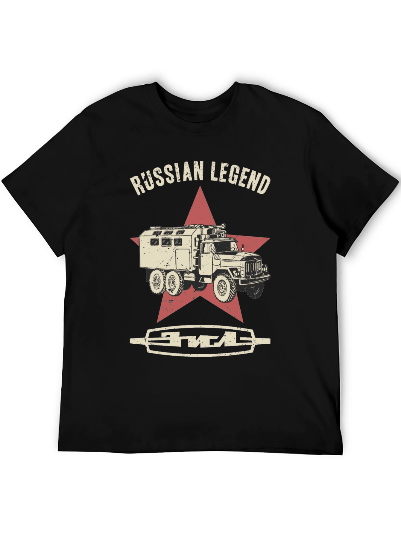 Camiseta Negra Leyenda Rusa con Diseño de Camión Militar