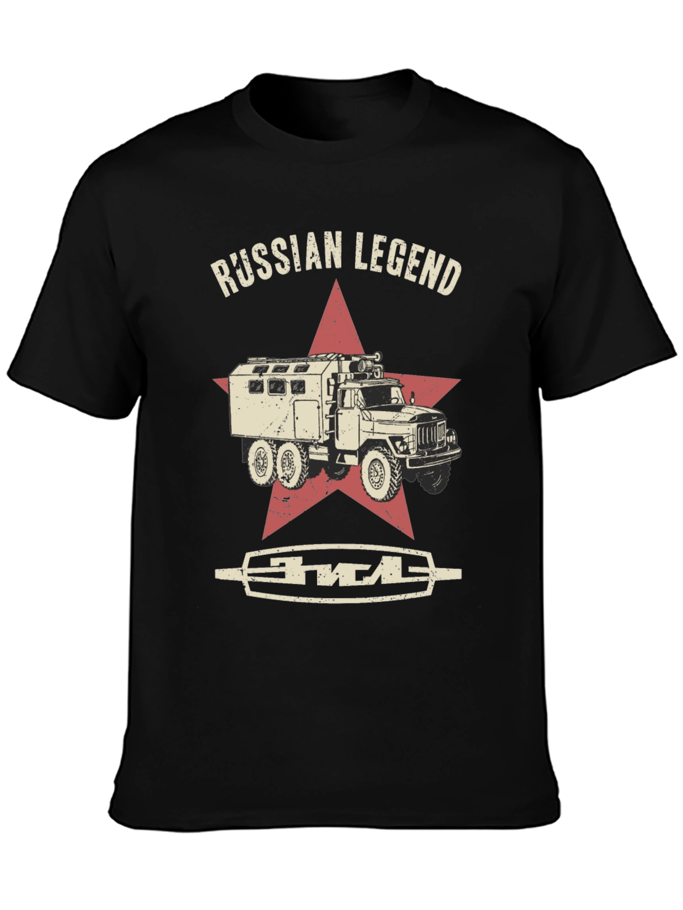 Camiseta Negra Leyenda Rusa con Diseño de Camión Militar