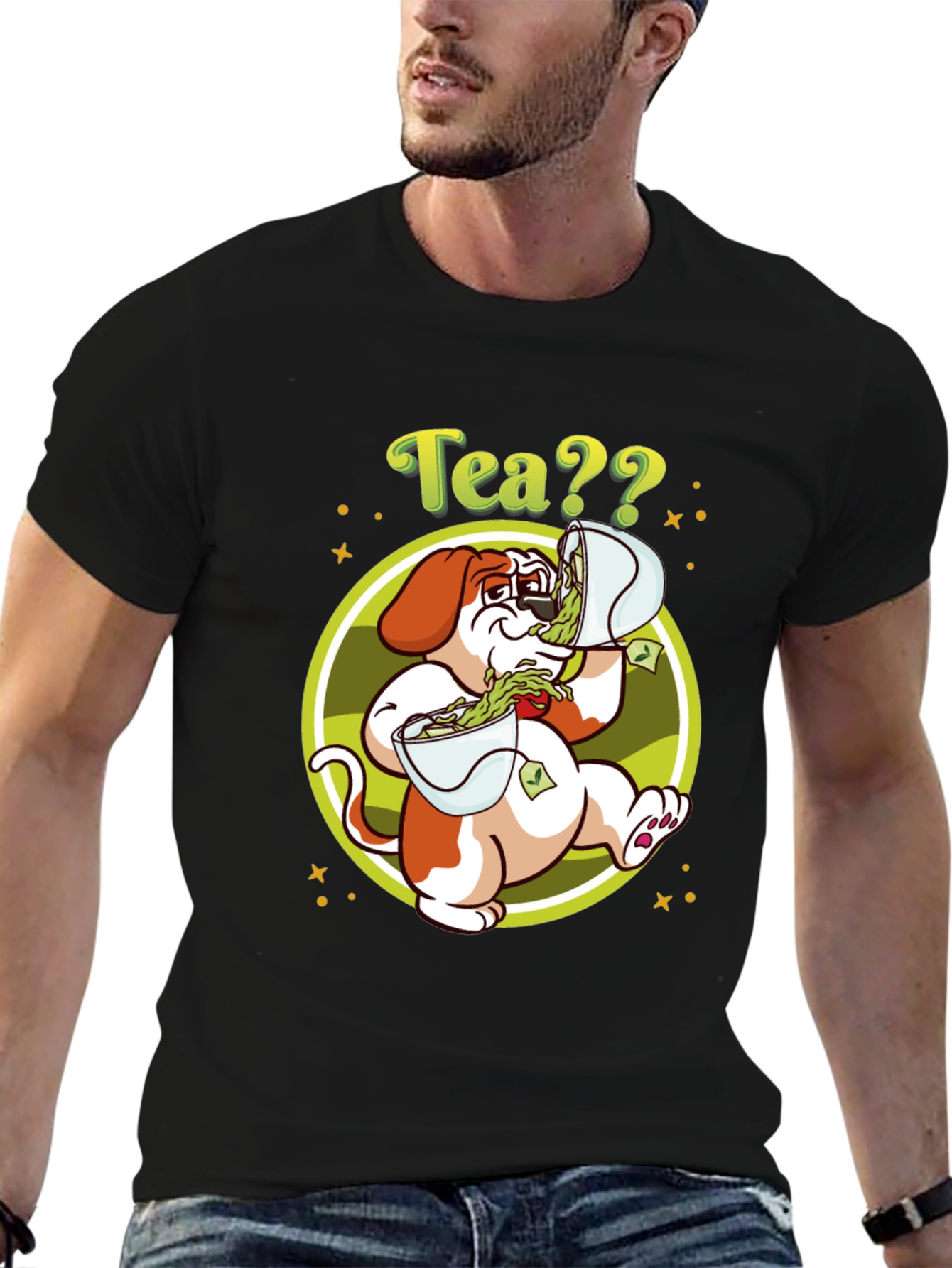 Camiseta Negra con Diseño de Perro y Té