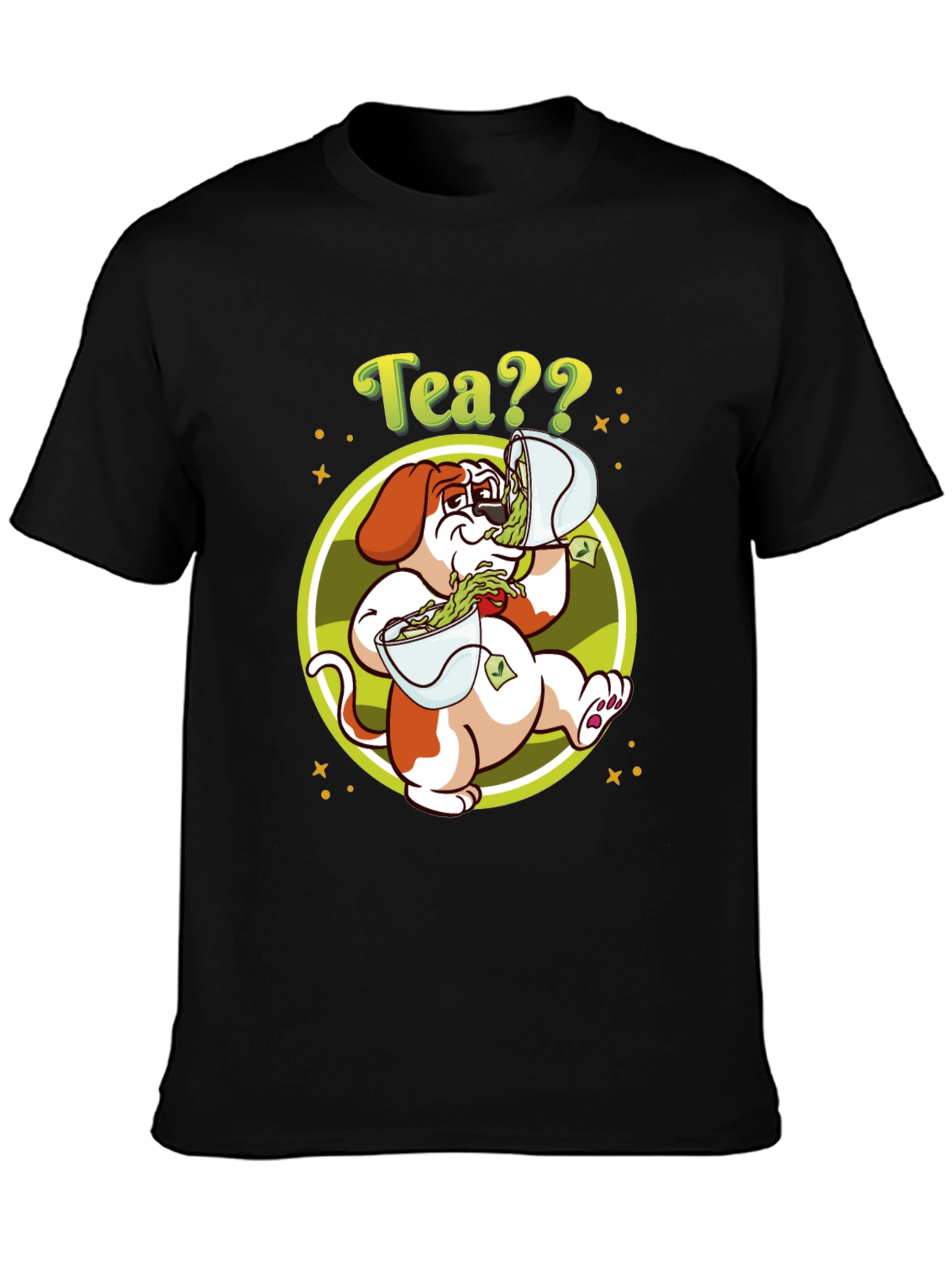 Camiseta Negra con Diseño de Perro y Té