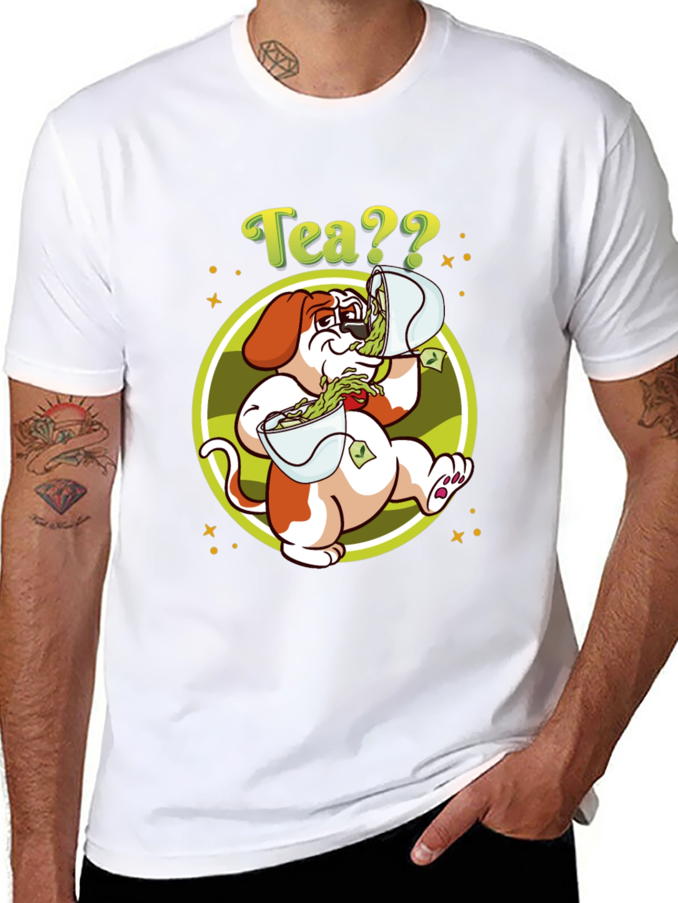 Camiseta Negra con Diseño de Perro y Té