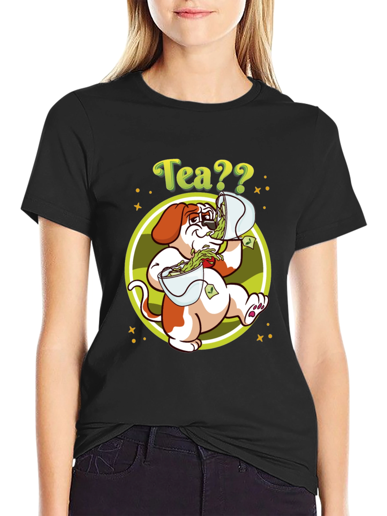 Camiseta Negra con Diseño de Perro y Té
