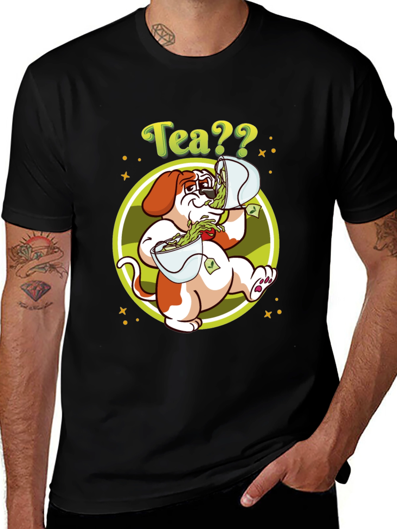 Camiseta Negra con Diseño de Perro y Té