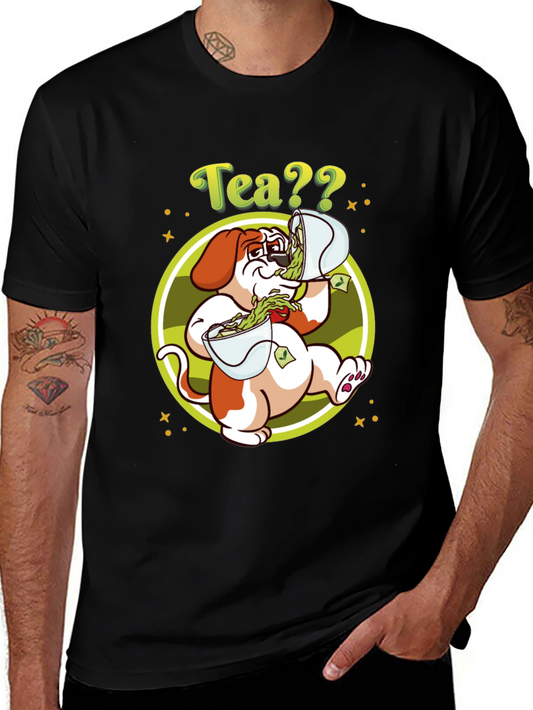 Camiseta Negra con Diseño de Perro y Té