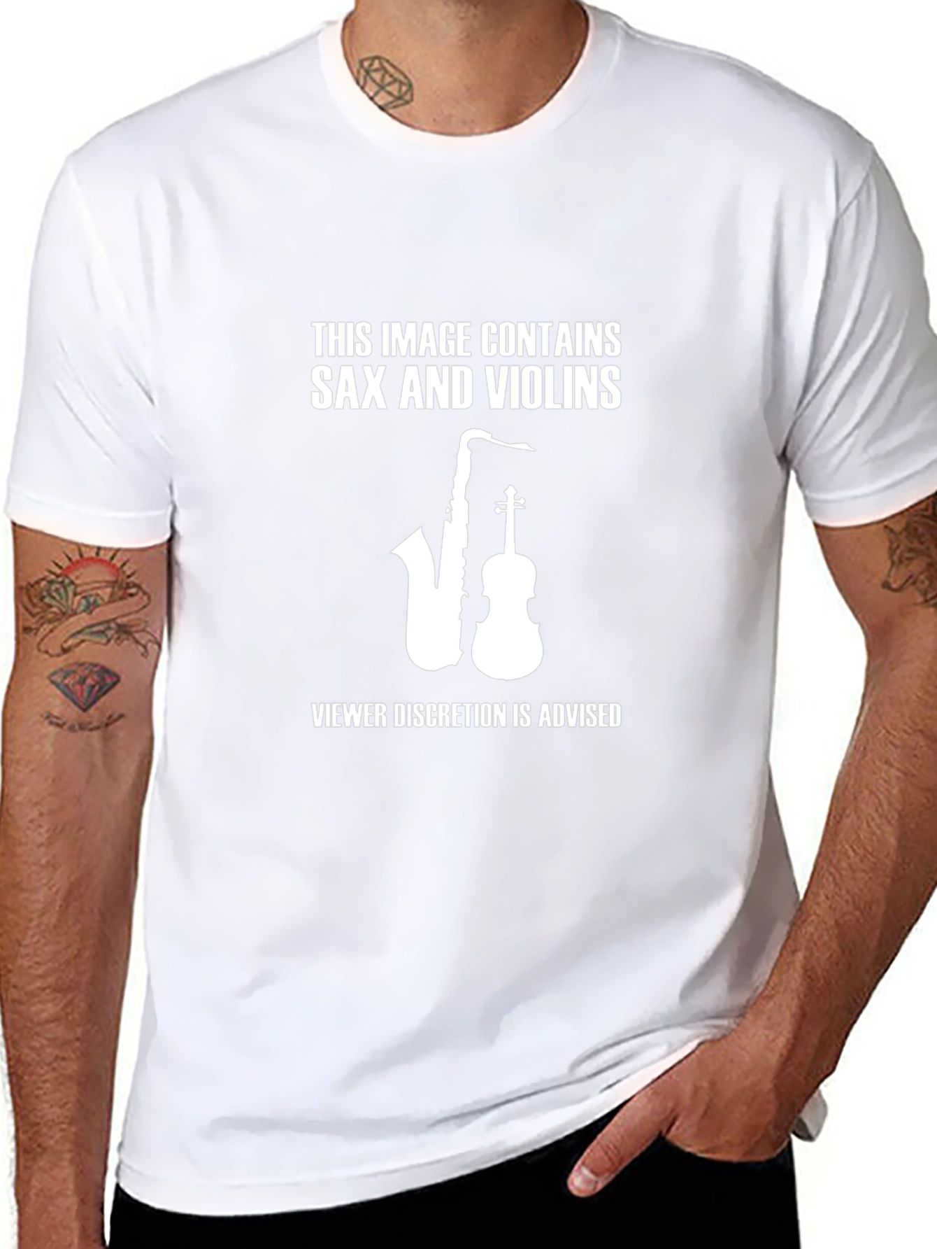 Camiseta Negra: Saxo y Violines Humor Musical