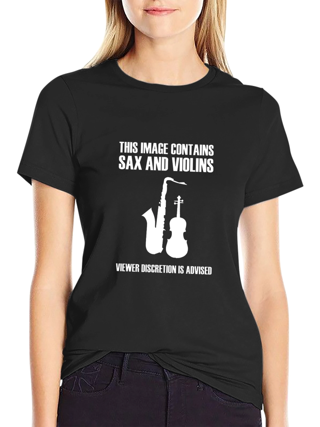 Camiseta Negra: Saxo y Violines Humor Musical