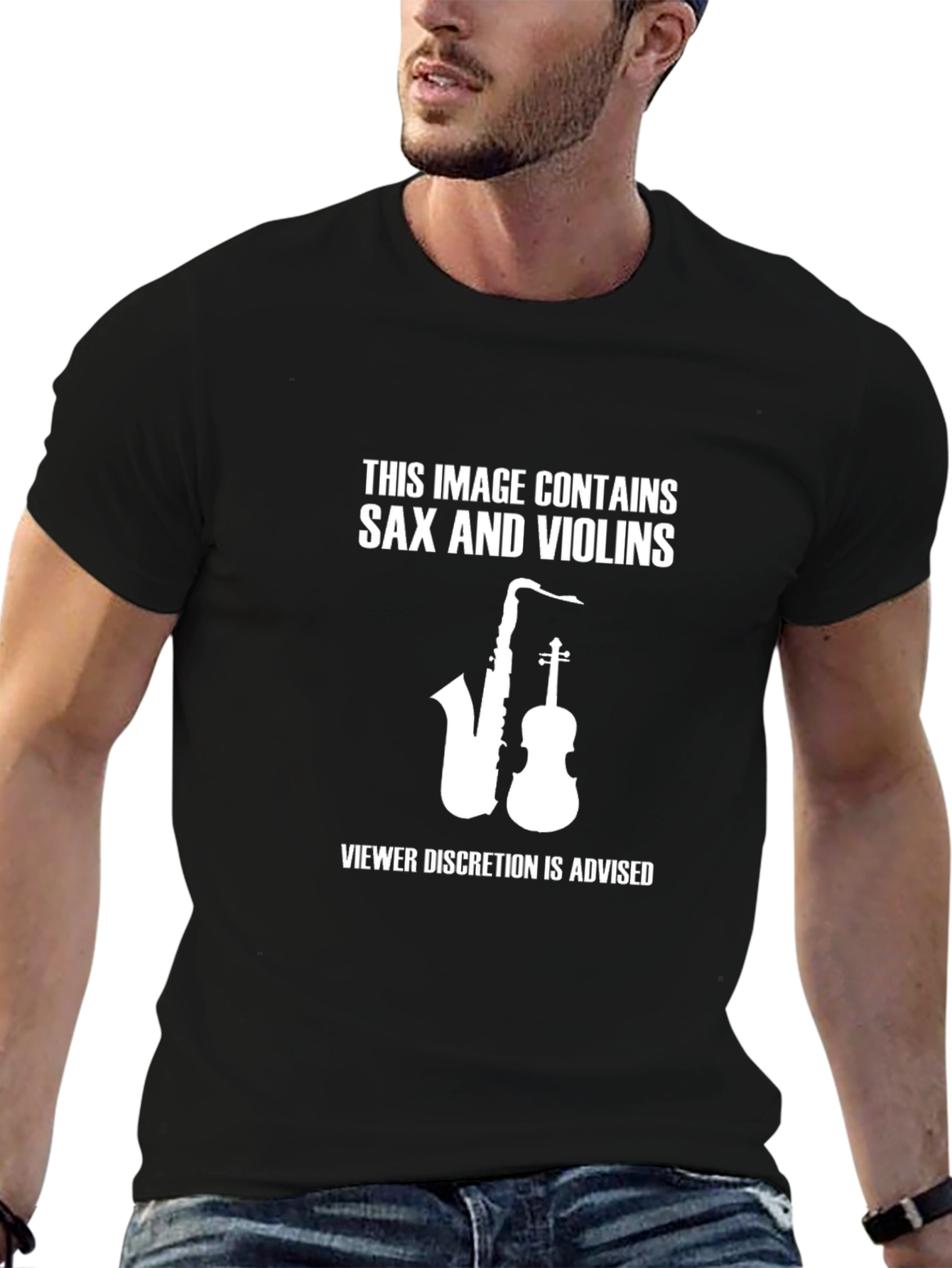 Camiseta Negra: Saxo y Violines Humor Musical