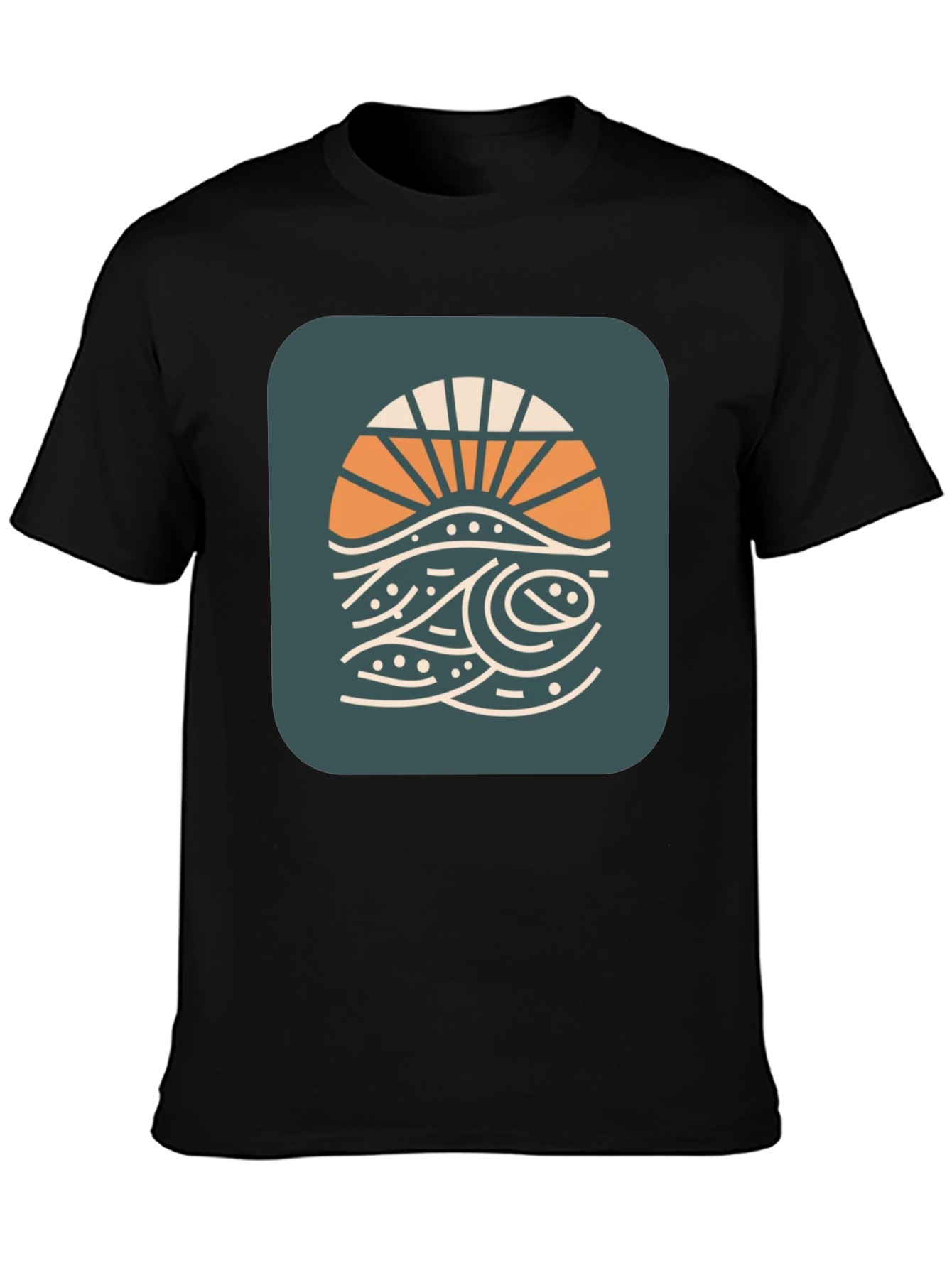 Camiseta Negra con Diseño Sol y Olas Retro