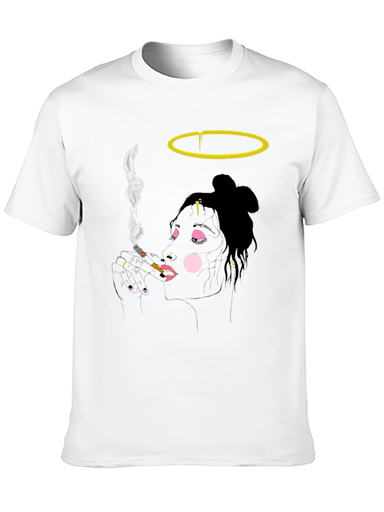 Camiseta Negra Diseño Artístico Mujer Fumando