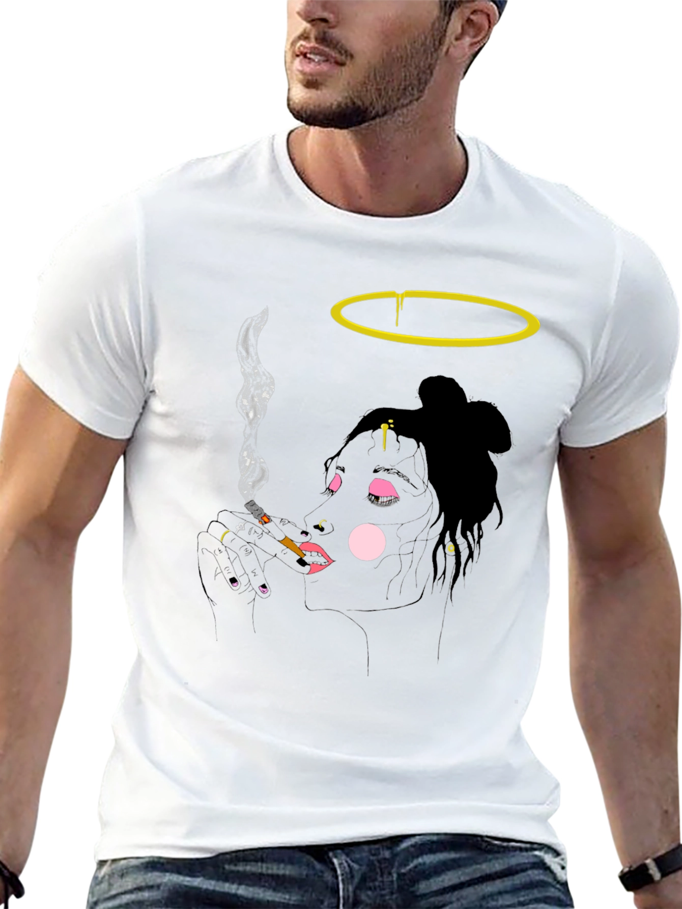 Camiseta Negra Diseño Artístico Mujer Fumando