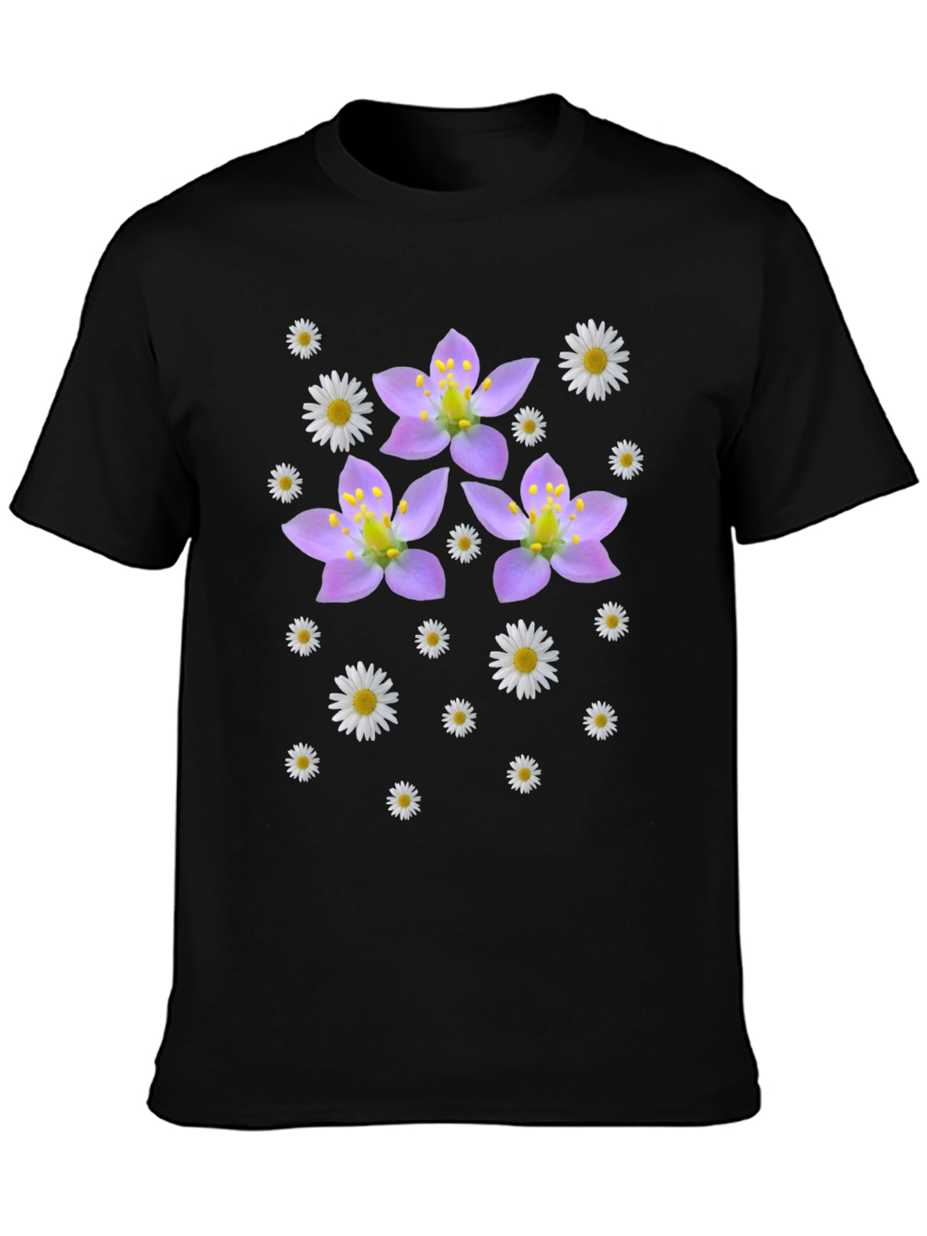 Camiseta Negra con Diseño Floral Lila y Margaritas