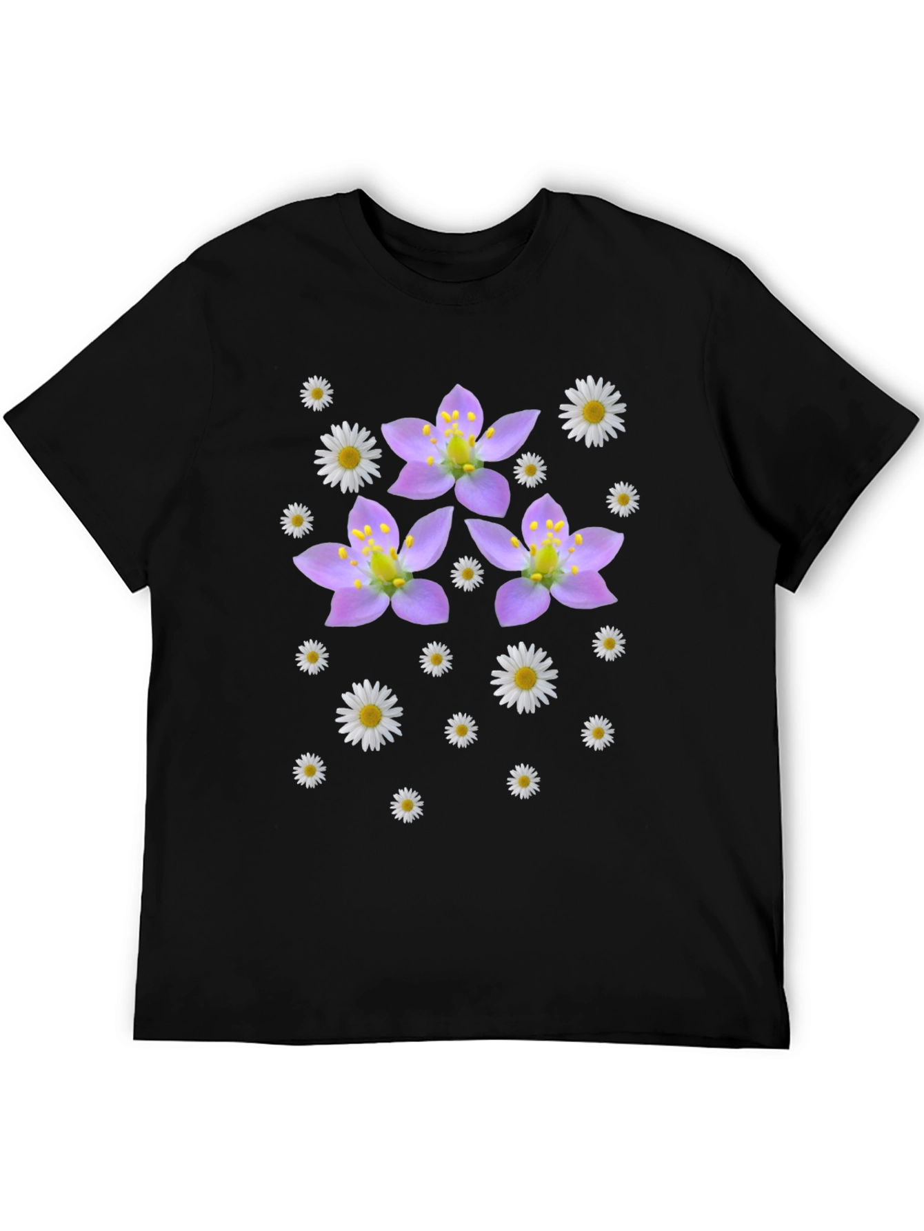 Camiseta Negra con Diseño Floral Lila y Margaritas