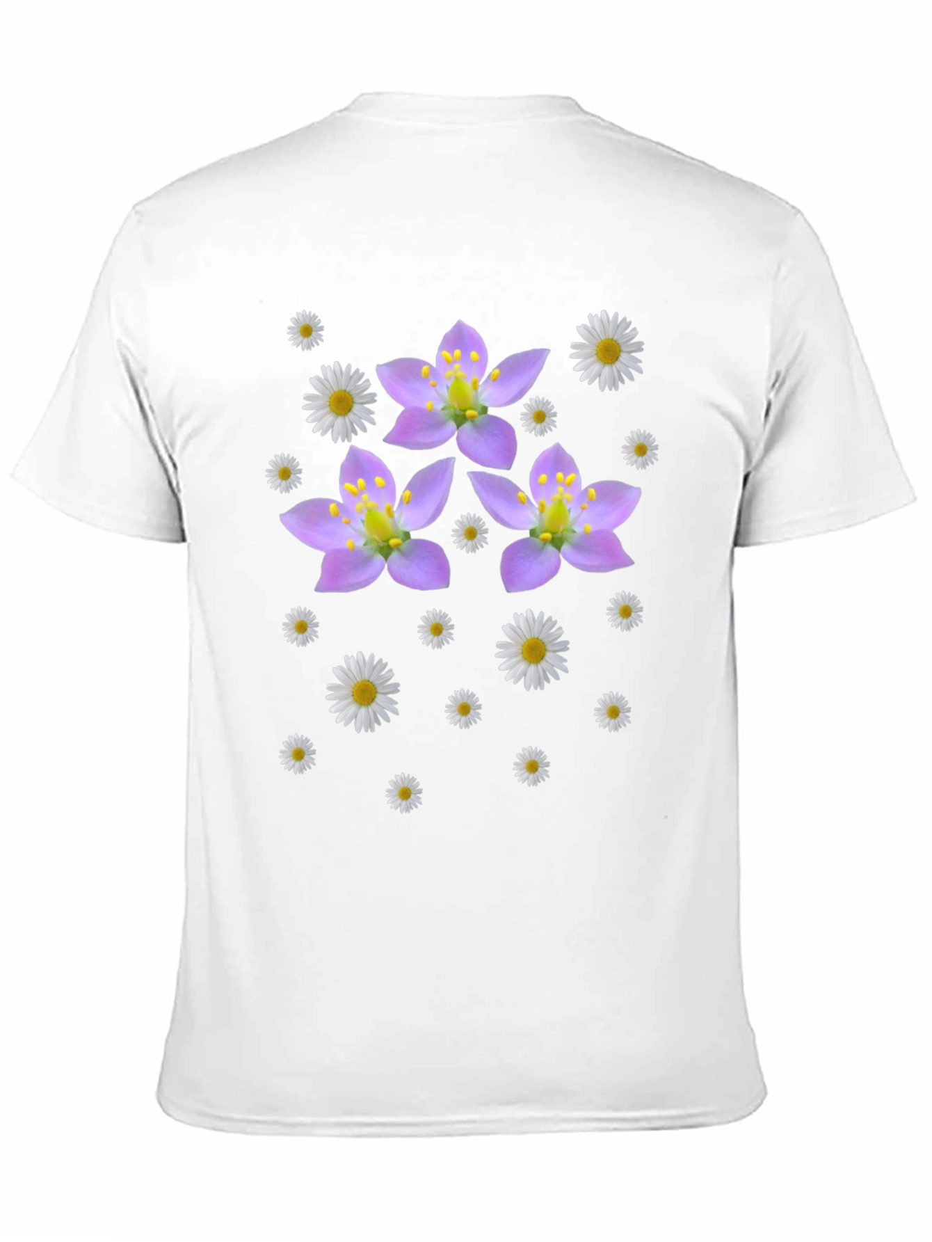 Camiseta Negra con Diseño Floral Lila y Margaritas