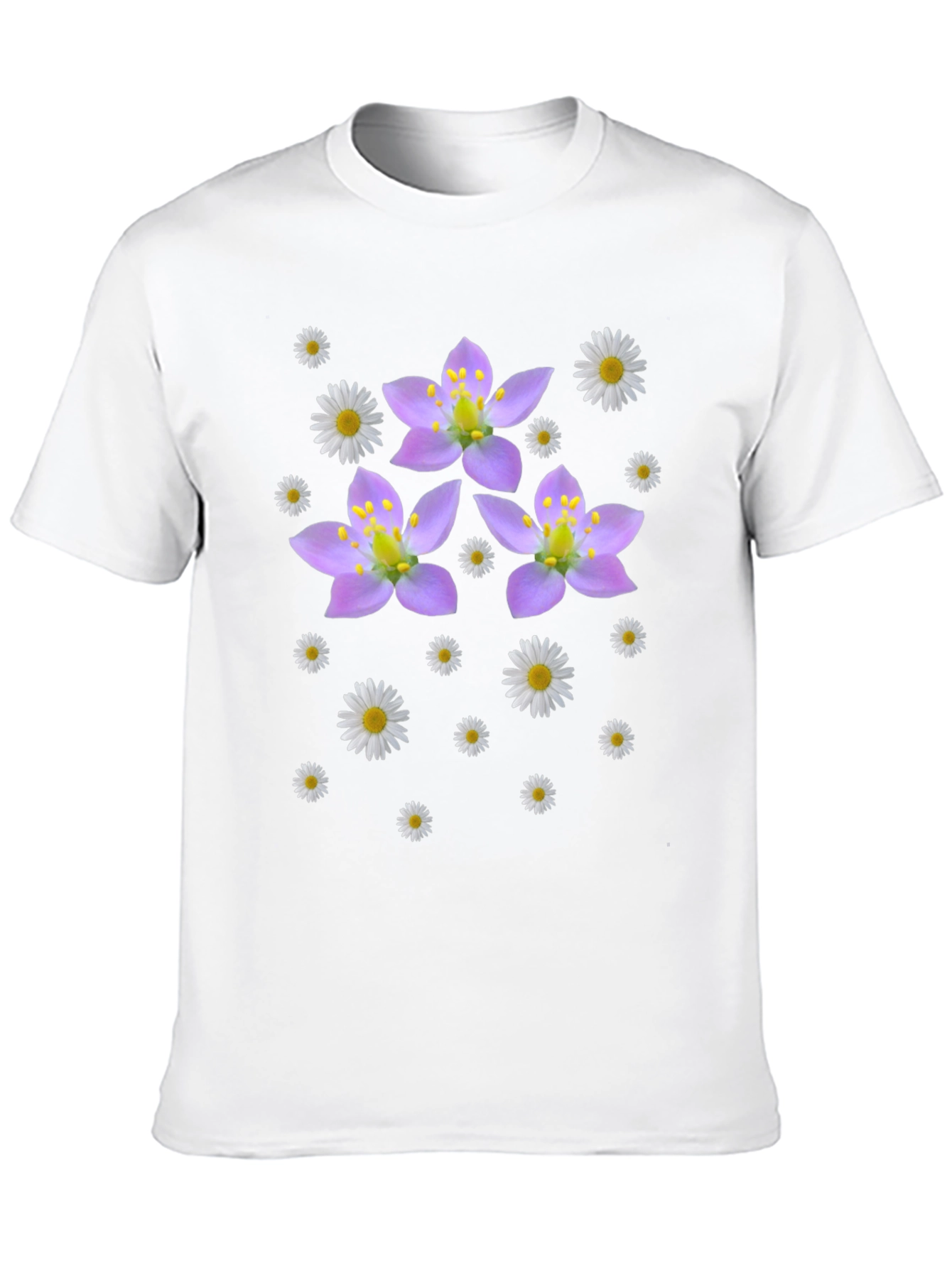 Camiseta Negra con Diseño Floral Lila y Margaritas