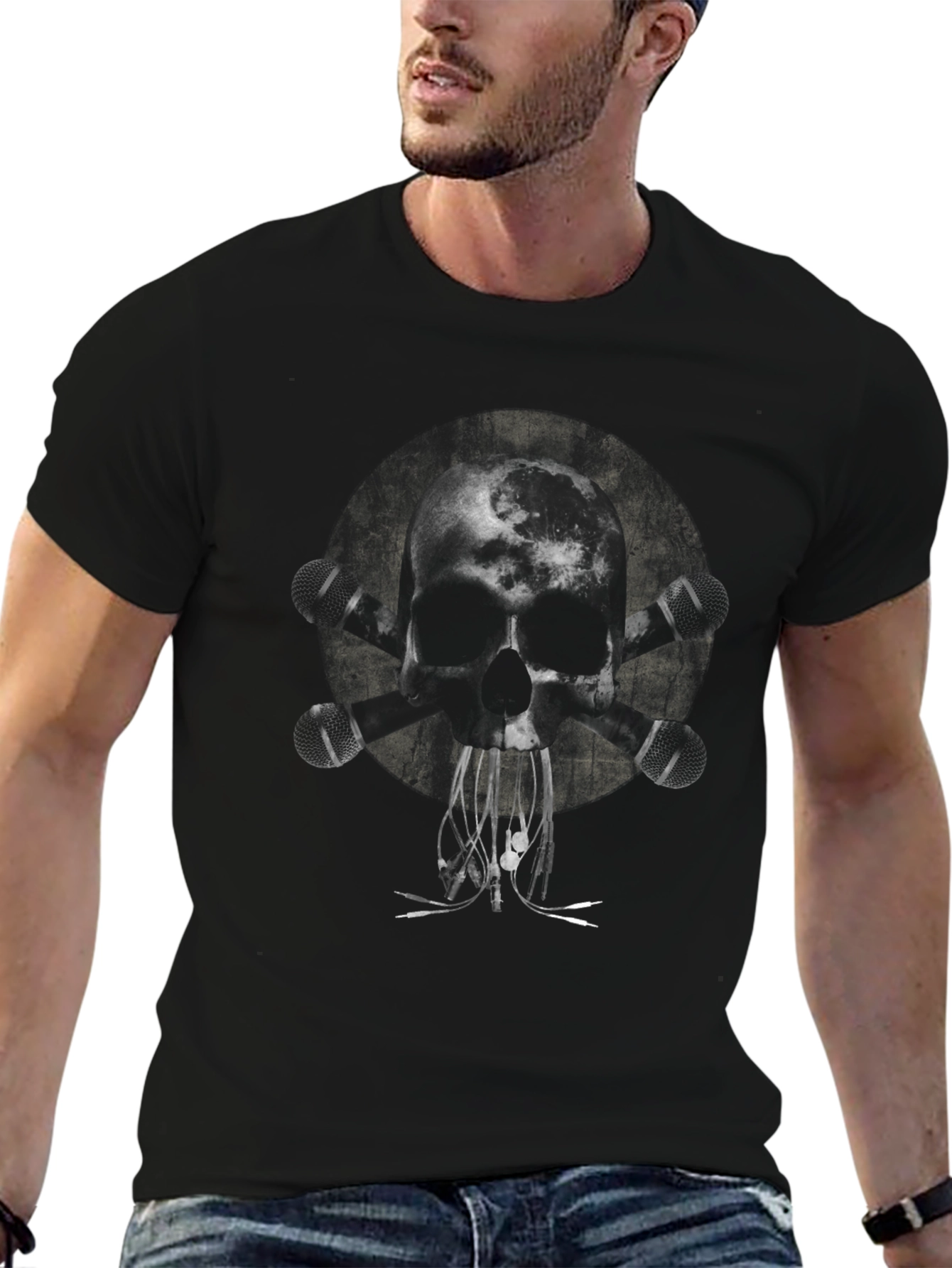 Camiseta Negra con Diseño de Calavera Rockera