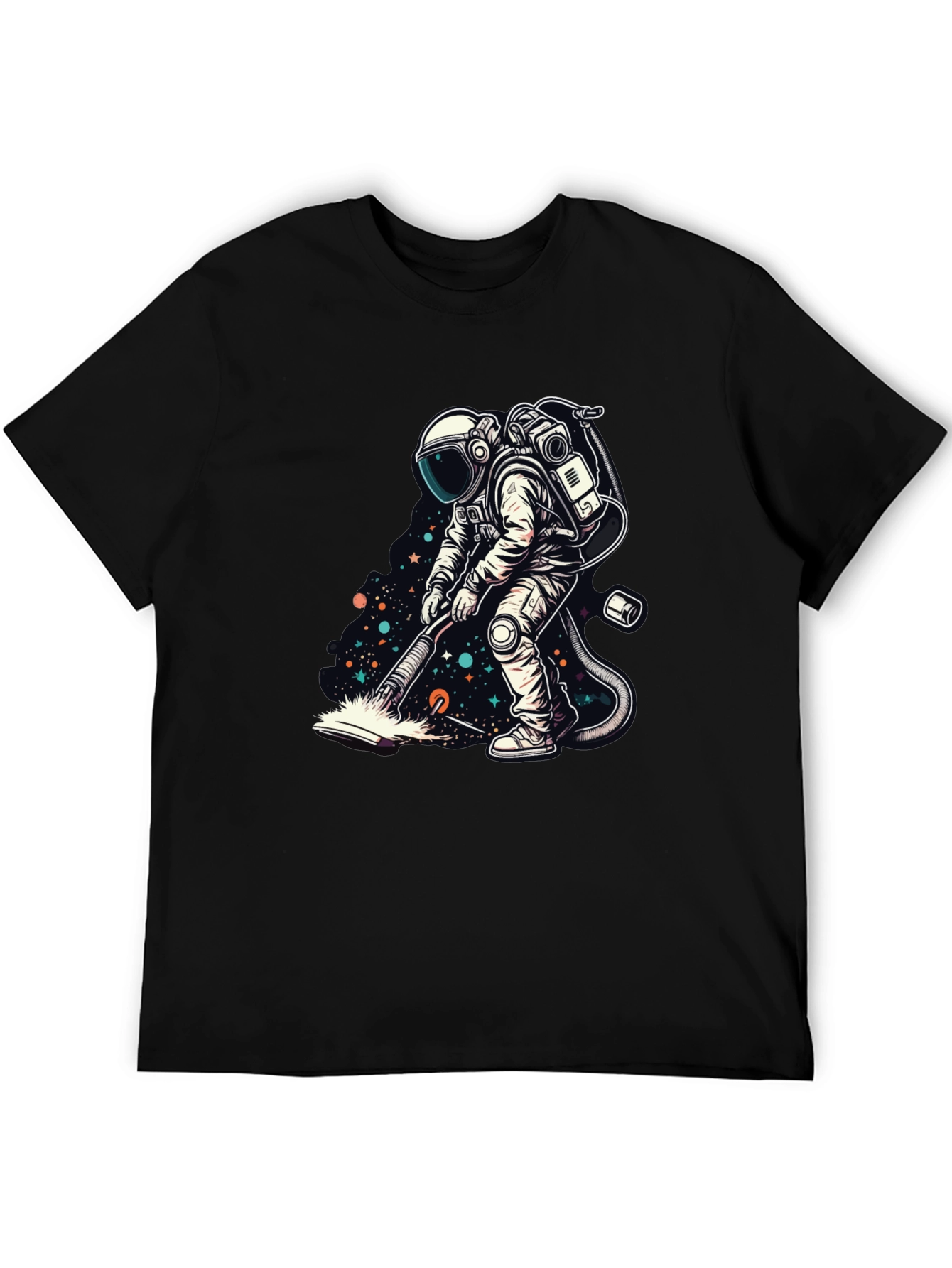 Camiseta Negra con Diseño Astronauta Limpiando