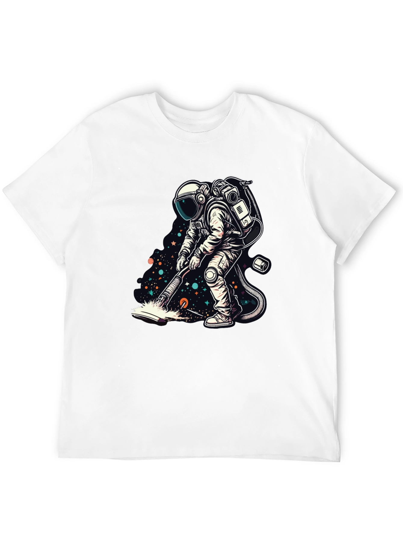 Camiseta Negra con Diseño Astronauta Limpiando