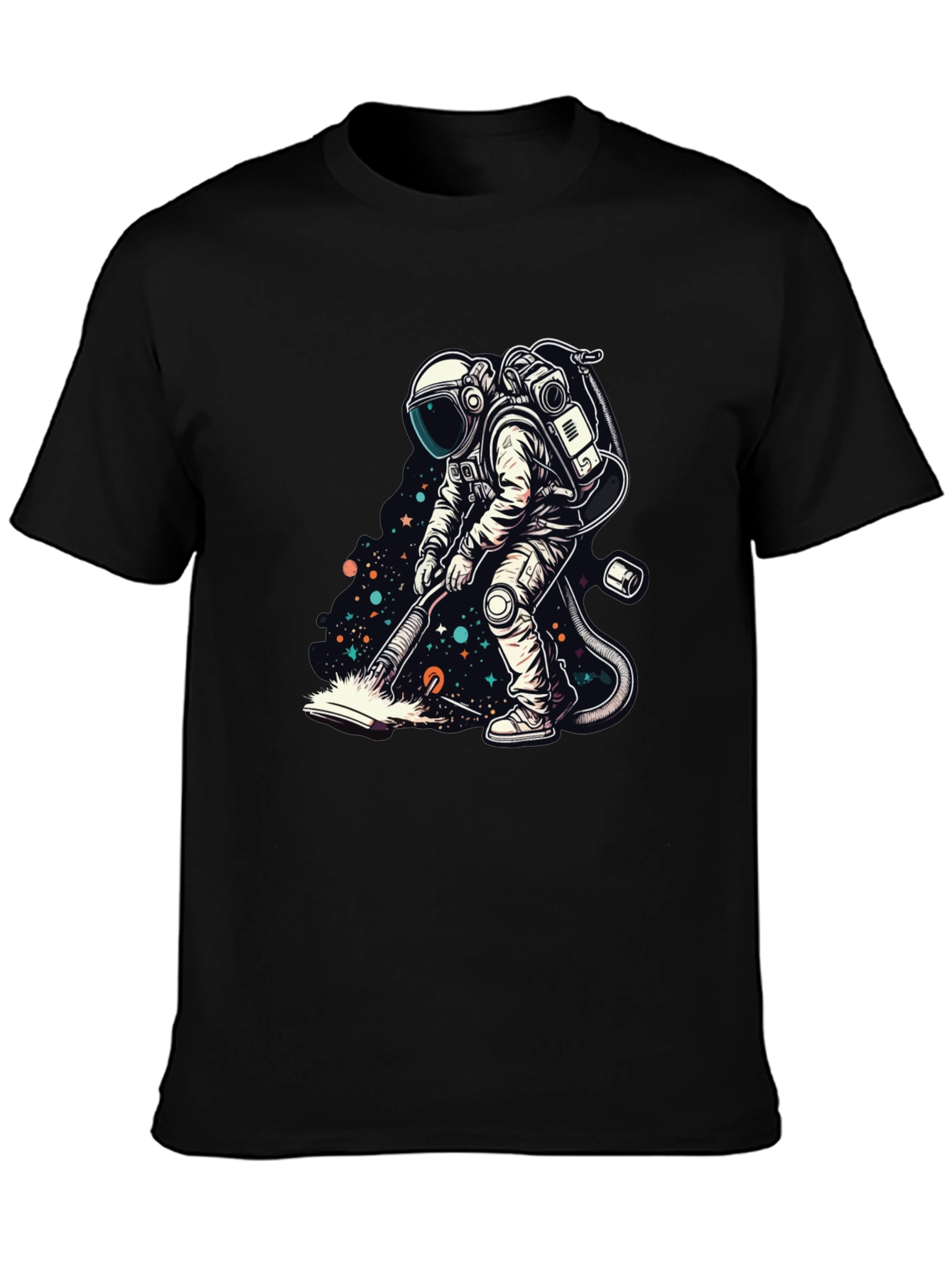 Camiseta Negra con Diseño Astronauta Limpiando