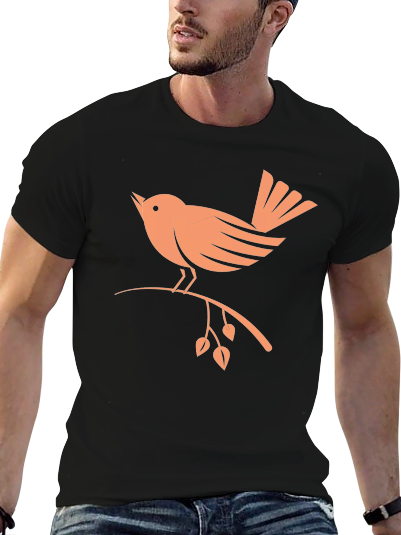 Camiseta Negra con Diseño de Pájaro Naranja