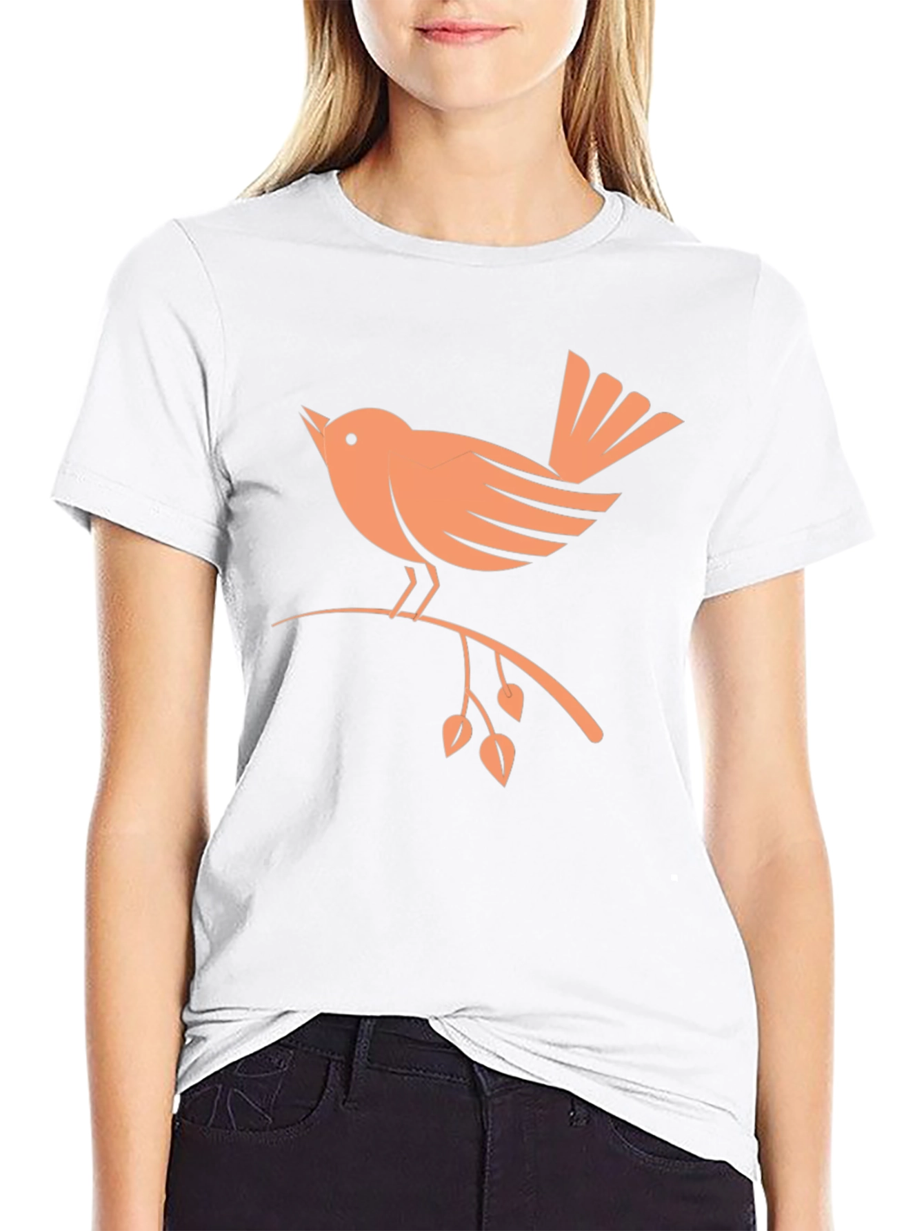 Camiseta Negra con Diseño de Pájaro Naranja